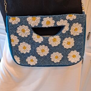Lulu Blue & White Daisy Beaded Crossbody Bag Cutout Clutch